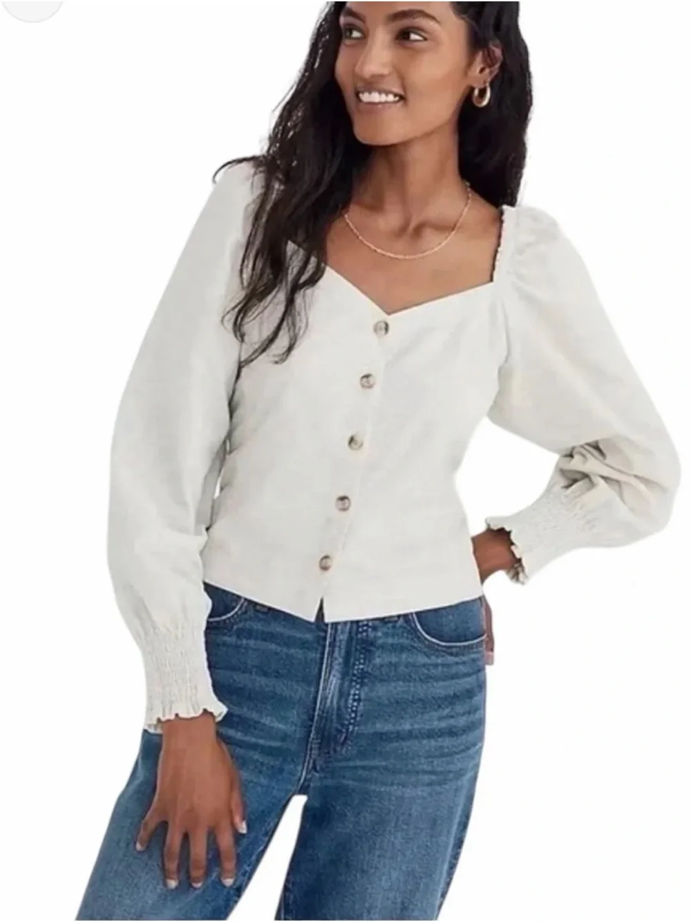 Women’s Cream Button-Front Corduroy Puff Sleeve Top